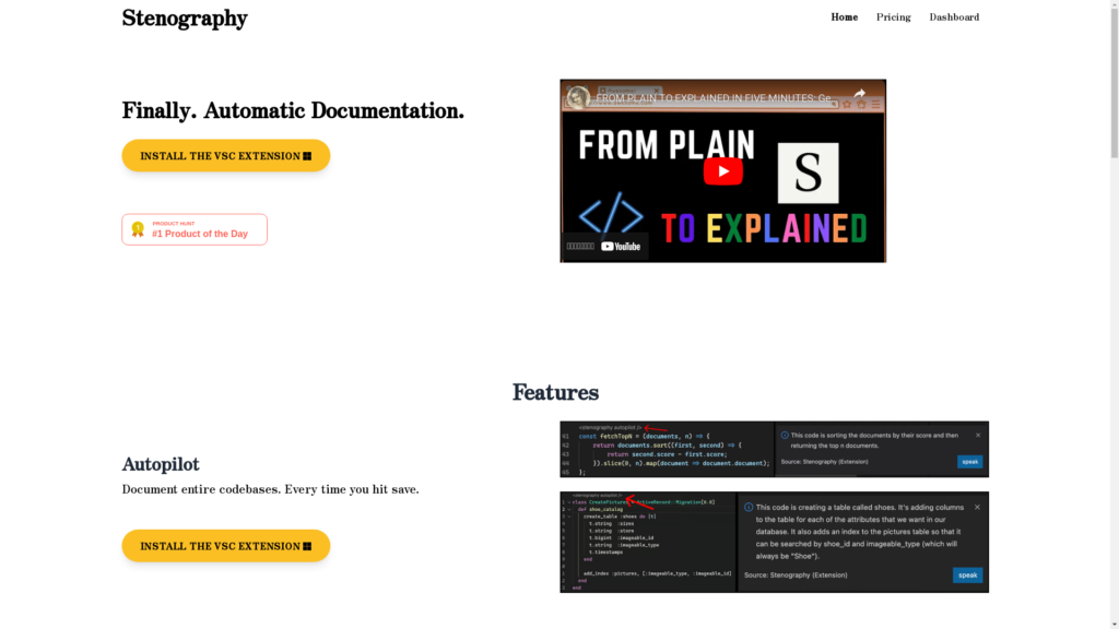 Capture d'écran de la page du site de Stenography