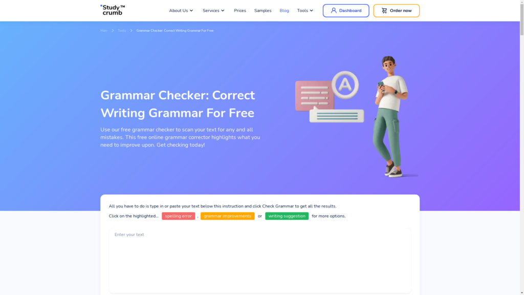 Capture d'écran de la page du site de Grammar Checker