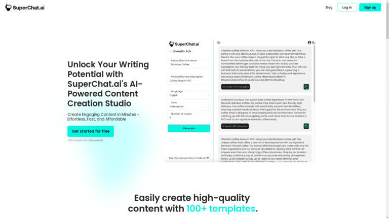 Capture d'écran de la page du site de SuperChat.ai