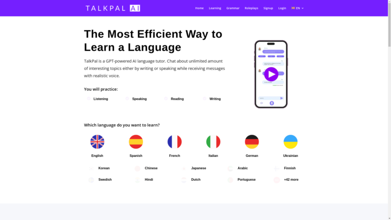 Capture d'écran de la page du site de TalkPal