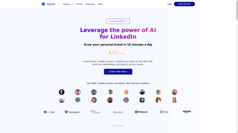 Capture d'écran de la page du site de Taplio