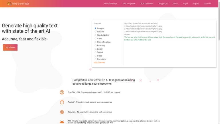 Capture d'écran de la page du site de Text Generator