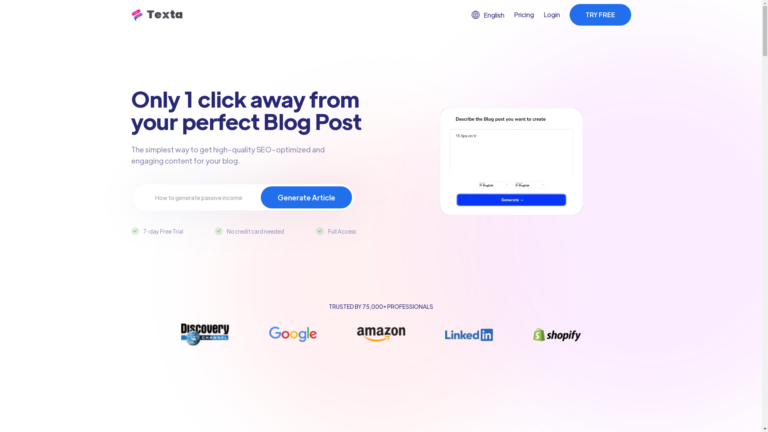 Capture d'écran de la page du site de Texta