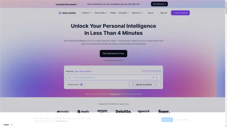 Capture d'écran de la page du site de TextCortex AI