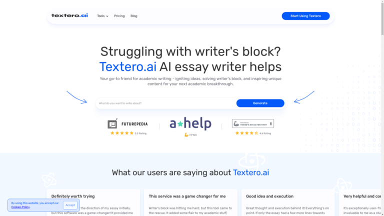 Capture d'écran de la page du site de Textero AI