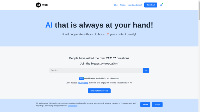 Capture d'écran de la page du site de texti