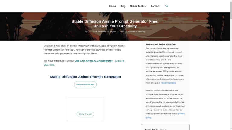 Capture d'écran de la page du site de Stable Diffussion Anime Prompter