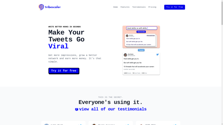 Capture d'écran de la page du site de Tribescaler