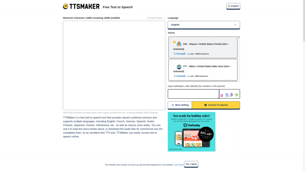 Capture d'écran de la page du site de TTSMaker