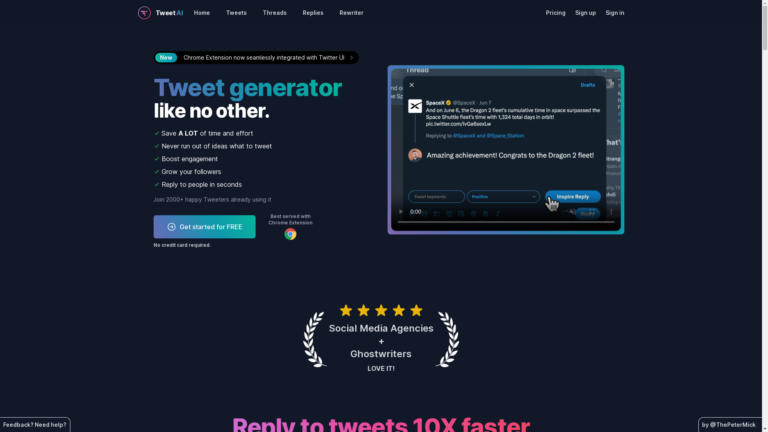 Capture d'écran de la page du site de TweetAI