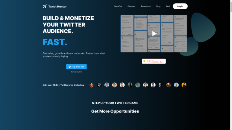 Capture d'écran de la page du site de Tweet Hunter