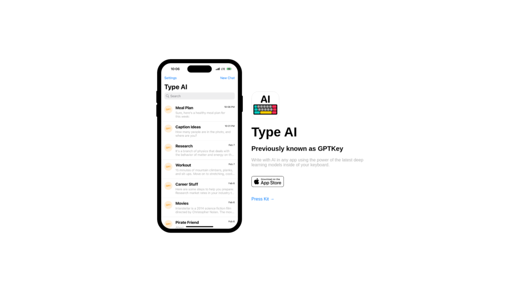 Capture d'écran de la page du site de Type AI