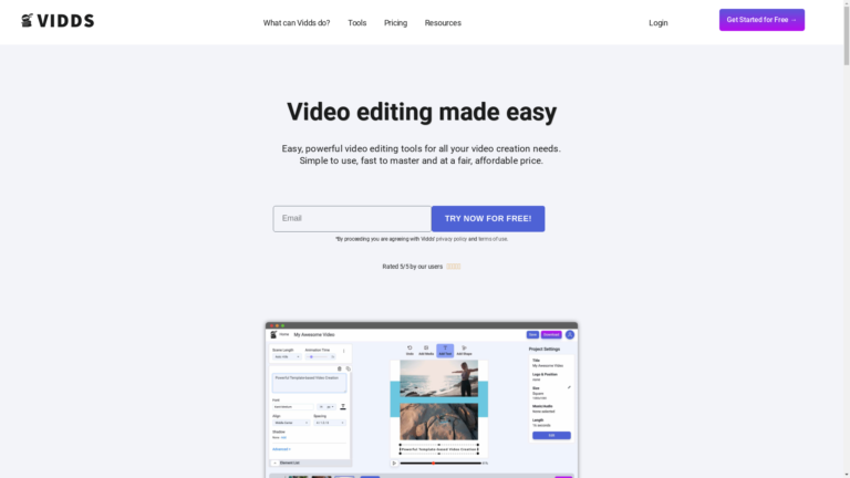 Capture d'écran de la page du site de Vidds Editor