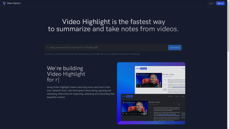 Capture d'écran de la page du site de Video Highlight