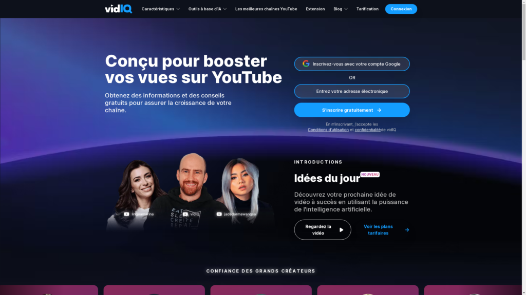 Capture d'écran de la page du site de VidIq