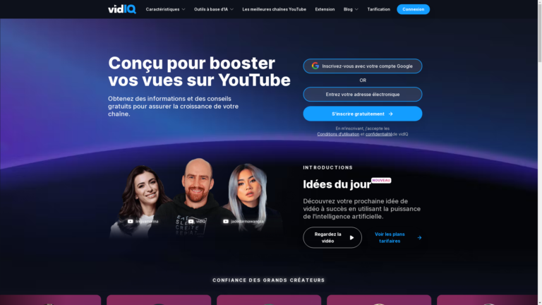 Capture d'écran de la page du site de VidIq