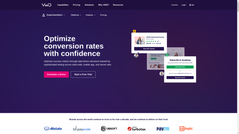 Capture d'écran de la page du site de VWO