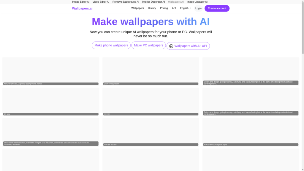 Capture d'écran de la page du site de Wallpapers AI