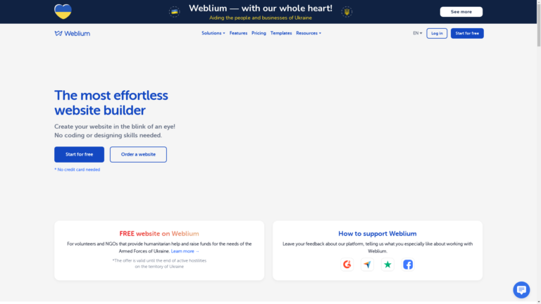 Capture d'écran de la page du site de Weblium