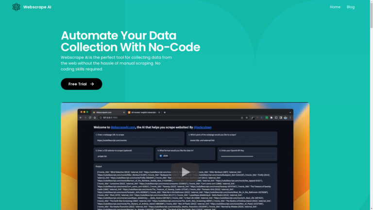 Capture d'écran de la page du site de WebscrapeAi