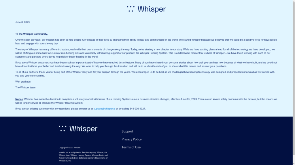 Capture d'écran de la page du site de Whisper AI