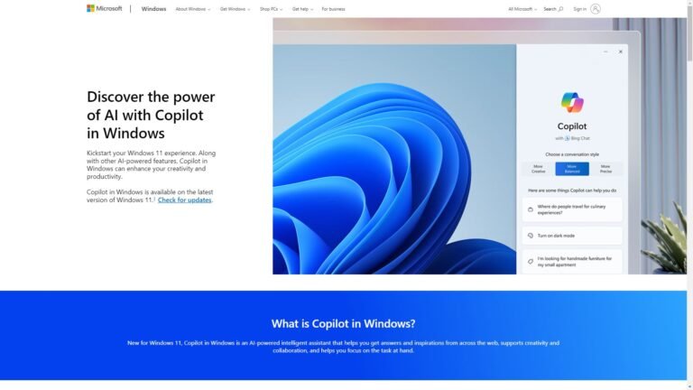 Capture d'écran de la page du site Windows Copilot