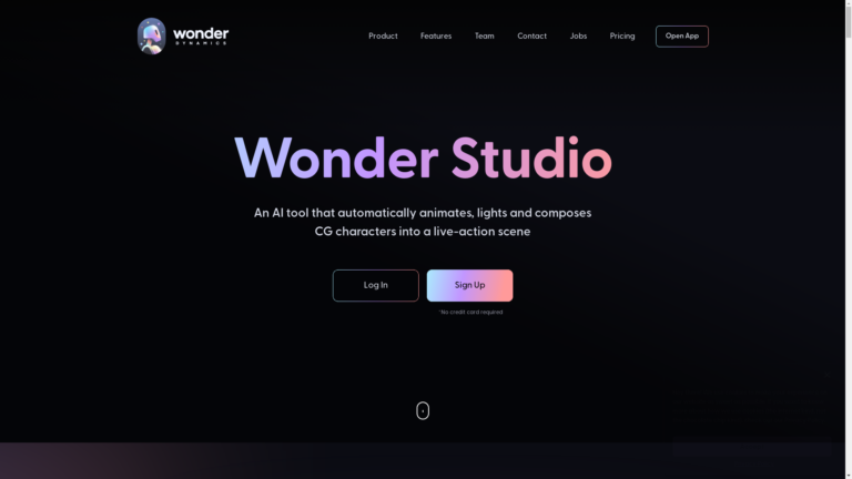 Capture d'écran de la page du site de Wonder Studio