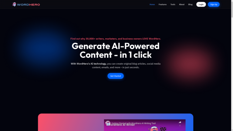 Capture d'écran de la page du site de Wordhero