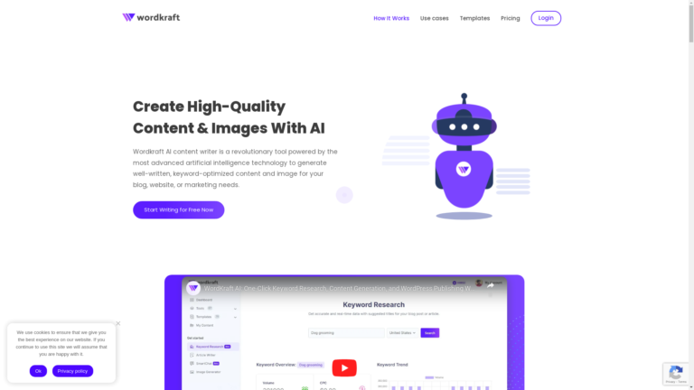 Capture d'écran de la page du site de Wordkraft AI