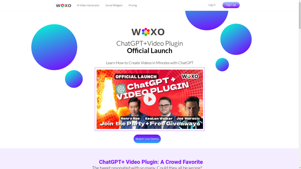 Capture d'écran de la page du site de WOXO VidGPT