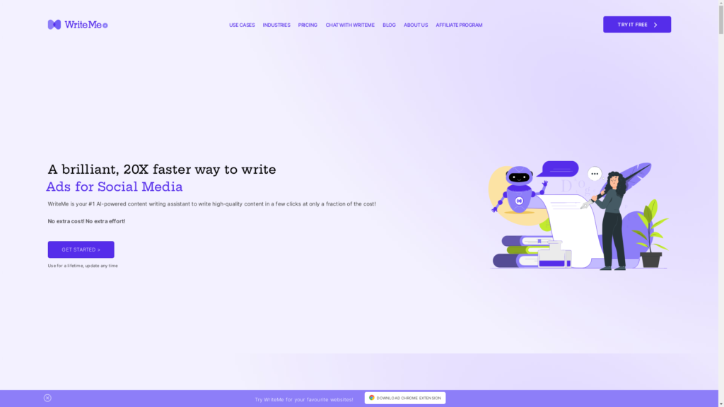 Capture d'écran de la page du site de WriteMeAI