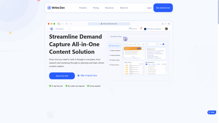 Capture d'écran de la page du site de WriterZen