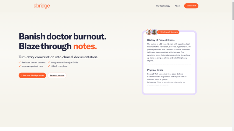 Capture d'écran de la page du site de Abridge