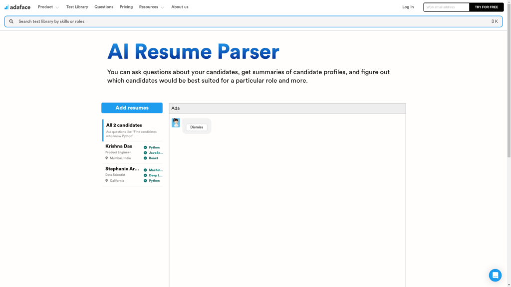 Capture d'écran de la page du site de AI Resume Parser