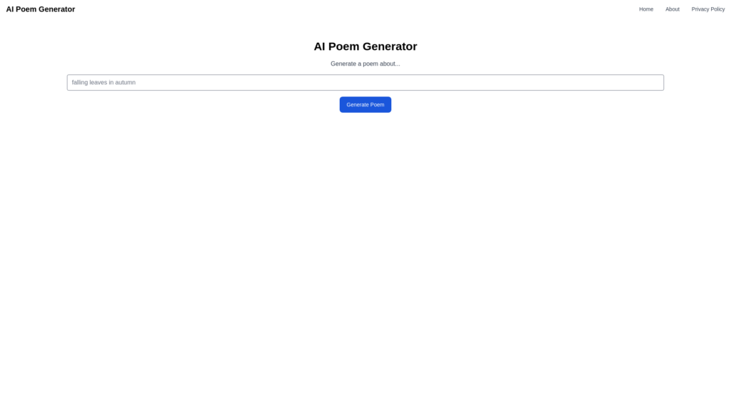 Capture d'écran de la page du site de AI Poem Generator