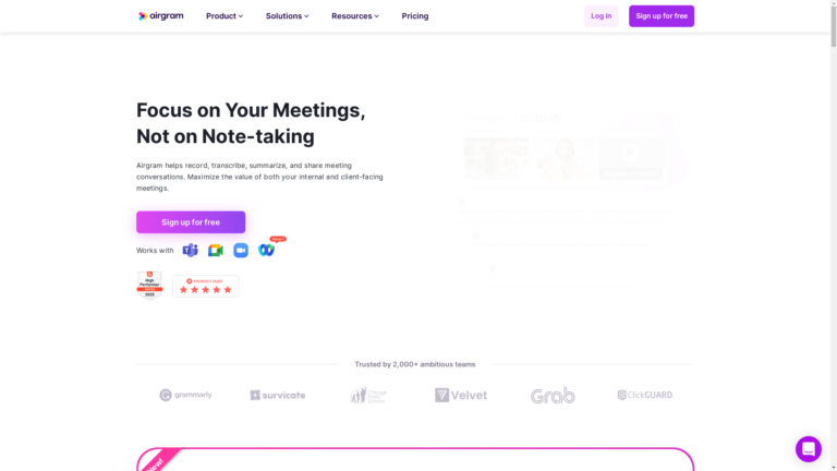 Capture d'écran de la page du site de Airgram