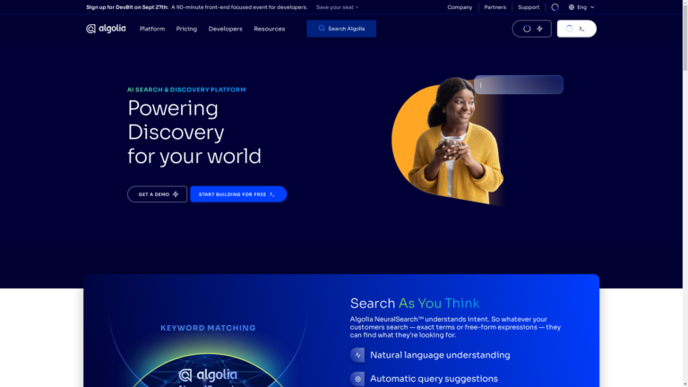 Capture d'écran de la page du site de Algolia