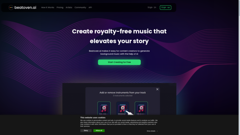 Capture d'écran de la page du site de Beatoven.ai