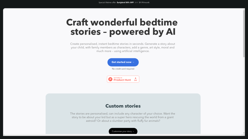 Capture d'écran de la page du site de BedtimeStory AI