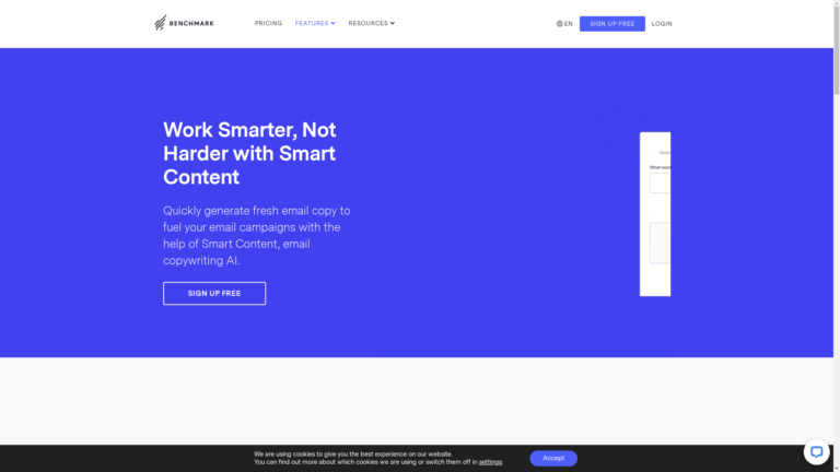 Capture d'écran de la page du site de Benchmarkemail