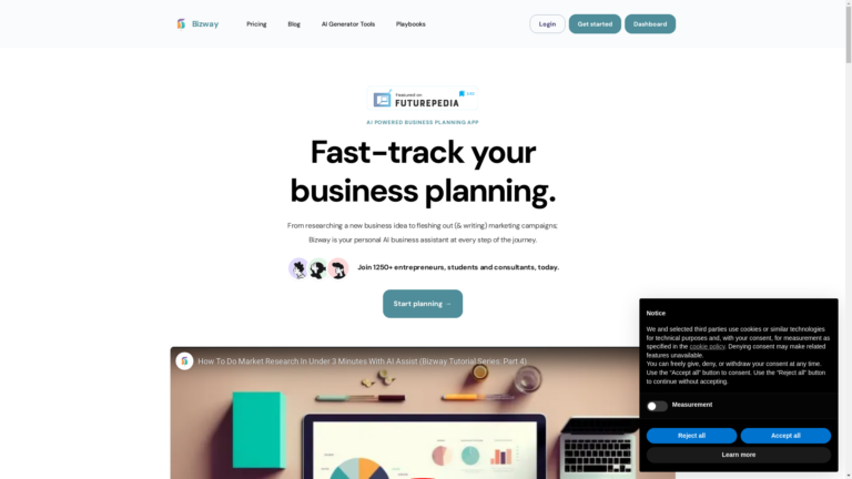 Capture d'écran de la page du site de Bizway