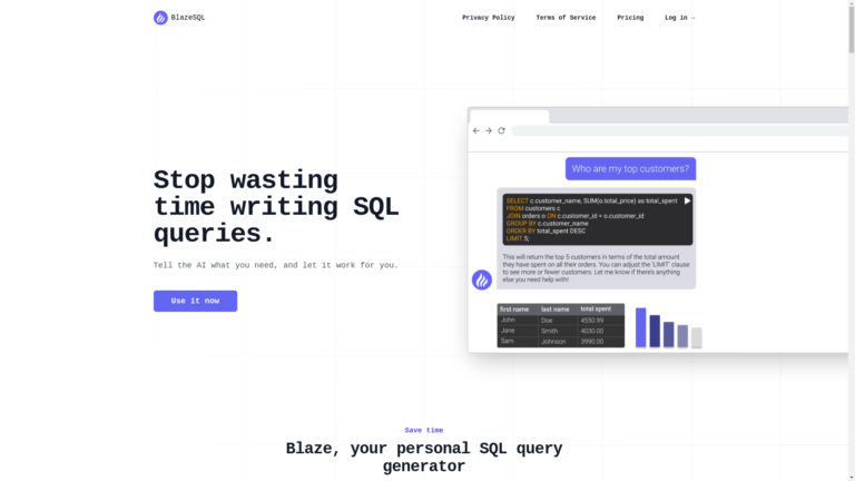 Capture d'écran de la page du site de Blaze SQL