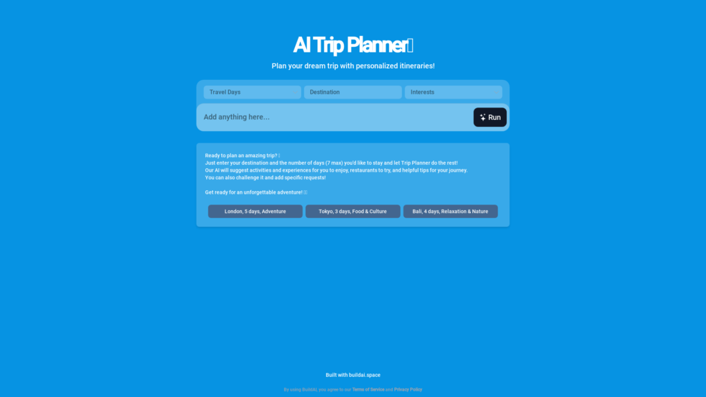 Capture d'écran de la page du site de AI Trip Planner