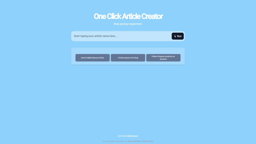 Capture d'écran de la page du site de One Click Article Creator