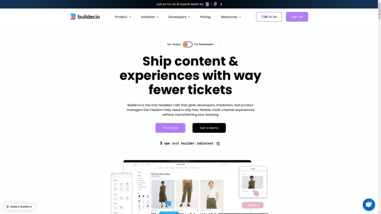 Capture d'écran de la page du site de Builder.io