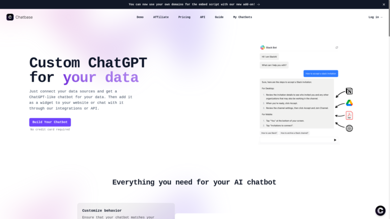 Capture d'écran de la page du site de Chatbase