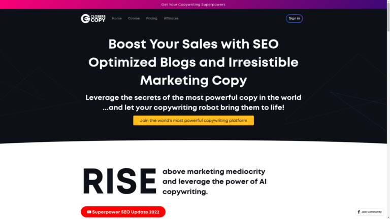 Capture d'écran de la page du site de Closers Copy