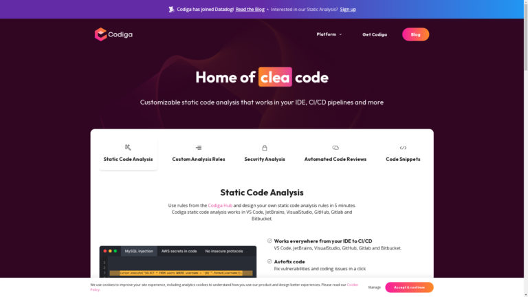 Capture d'écran de la page du site de Codiga