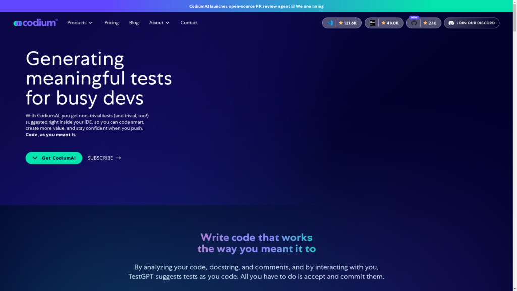Capture d'écran de la page du site de CodiumAI