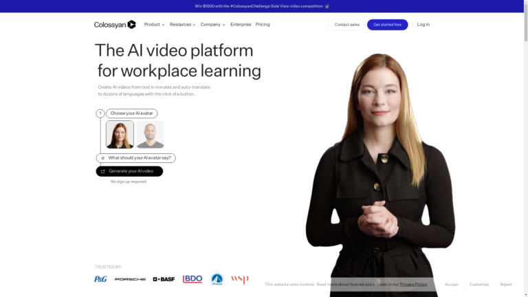 Capture d'écran de la page du site de Colossyan
